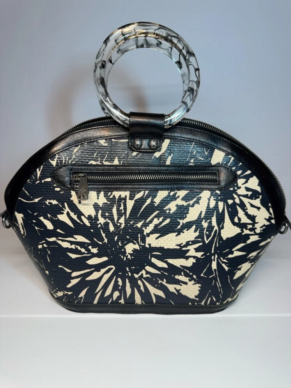 Patricia Nash Navy Ivory Sunflower Floral Bag Lucite Ring Handle Satchel Crossbo